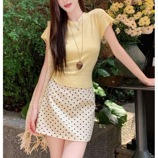 Short Sleeve Slim Knit Top and Polka Dot Mini Skirt Set