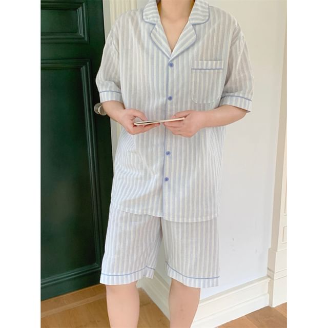 Couple Matching Elbow-Sleeve Lapel Collar Striped Button-Up Pajama Top / V-Neck Lace Trim Camisole Top / Shorts / Set (Various Designs)