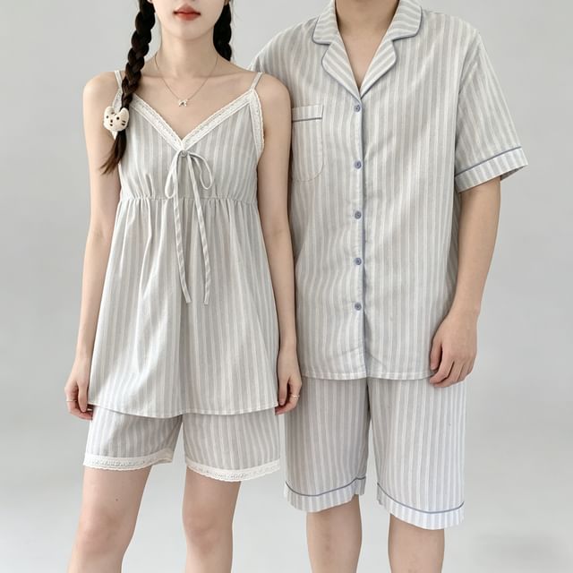 Couple Matching Elbow-Sleeve Lapel Collar Striped Button-Up Pajama Top / V-Neck Lace Trim Camisole Top / Shorts / Set (Various Designs)