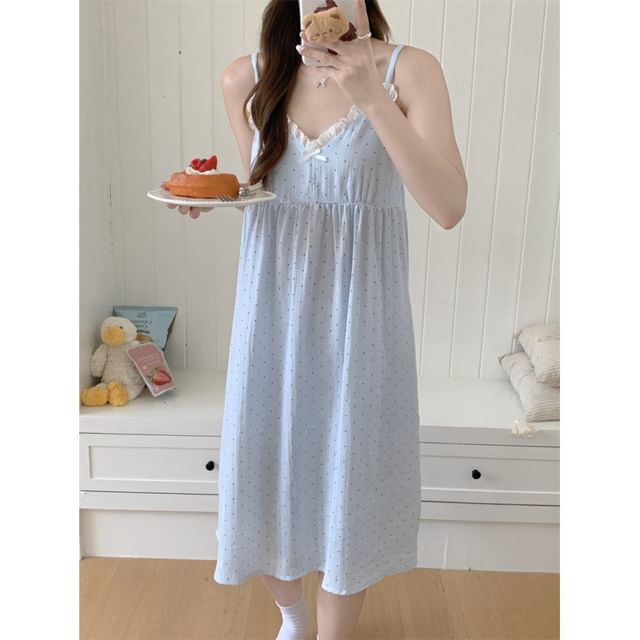 Couple Matching Elbow-Sleeve Lapel Collar Micro Dot Button-Up Pajama Top / V-Neck Lace Trim Camisole Top / Shorts / Pants / Set (Various Designs)