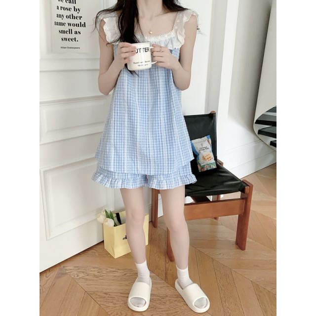 Sleeveless Square Neck Gingham Lace Trim Midi Pajama Dress / Top / Shorts / Set