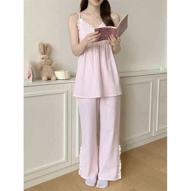 Couple Matching Spaghetti Strap V-Neck Striped Lace Trim Pajama Dress / Elbow-Sleeve Lapel Collar Button-Up Top / Camisole Top / Shorts / Pants / Set (Various Designs)