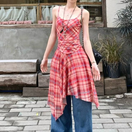 Spaghetti Strap V-Neck Plaid Panel Asymmetrical Midi A-Line Dress