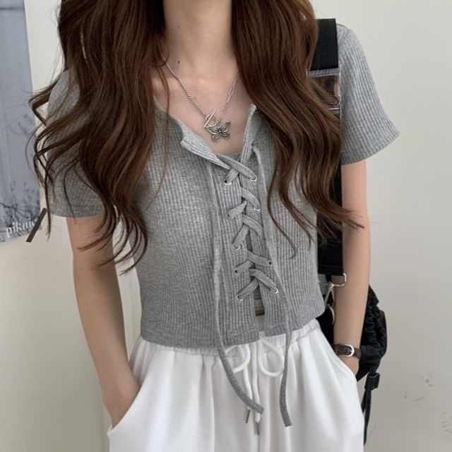 Short Sleeve Square Neck Plain Ribbed Lace Up Top