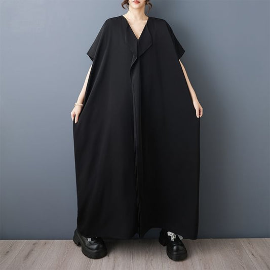 Short-Sleeve V-Neck Plain Maxi Smock Dress