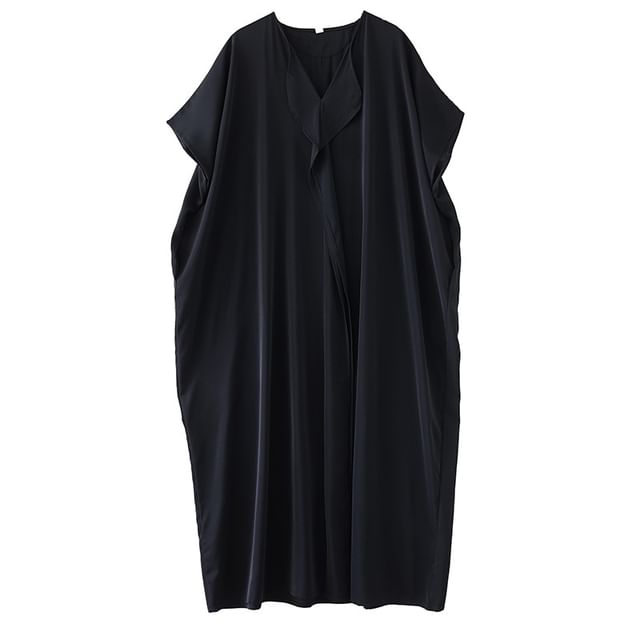 Short-Sleeve V-Neck Plain Maxi Smock Dress
