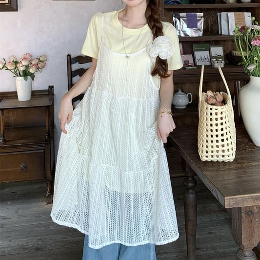 Short-Sleeve Crew Neck Plain T-Shirt / Spaghetti Strap Scoop Neck Plain Midi A-Line Dress