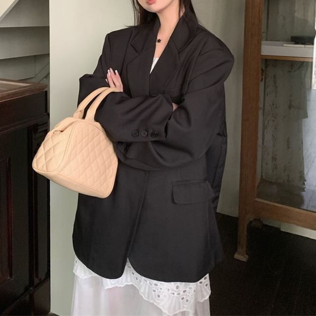 Lapel Collar Plain Button Up Blazer / Crochet Panel Maxi A-Line Dress