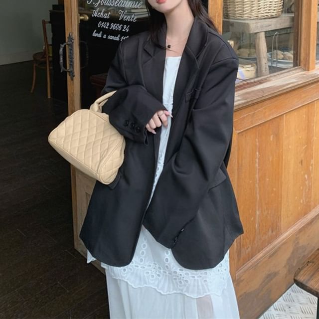 Lapel Collar Plain Button Up Blazer / Crochet Panel Maxi A-Line Dress