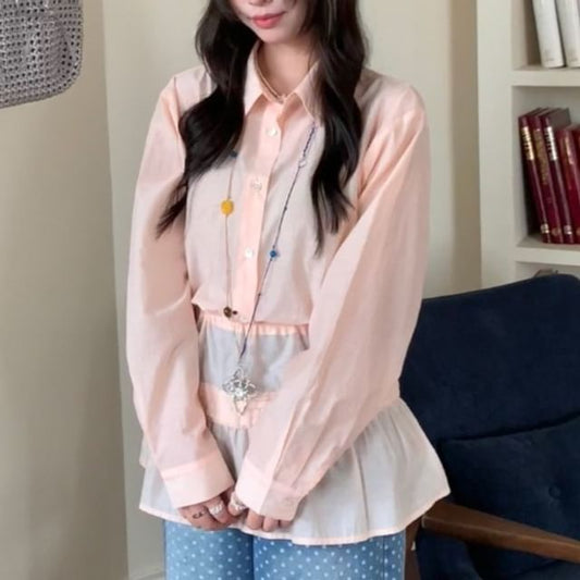 Long Sleeve Collared Shirt with Tie-Waist Overlay Skirt Set