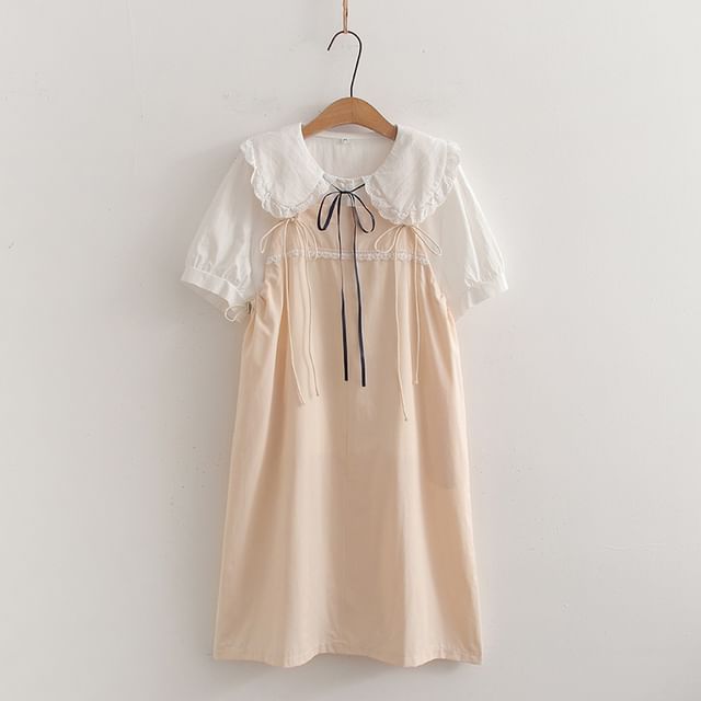 Set: Short-Sleeve Collared Plain Blouse + Spaghetti Strap A-Line Dress