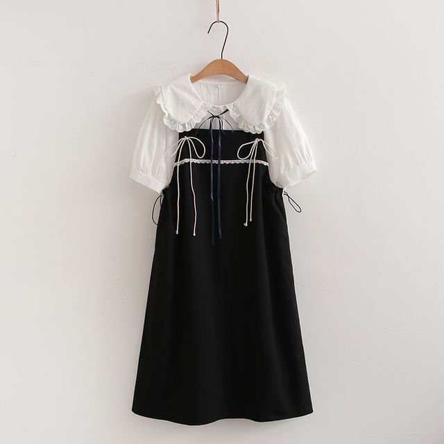 Set: Short-Sleeve Collared Plain Blouse + Spaghetti Strap A-Line Dress