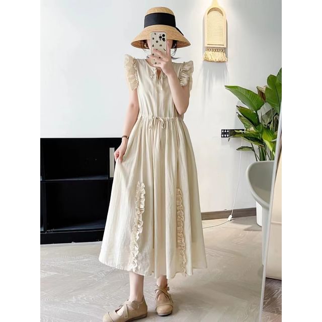 Cap-Sleeve Frill Trim Plain Maxi A-Line Dress