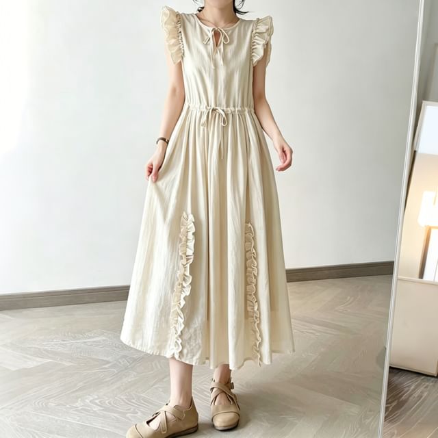 Cap-Sleeve Frill Trim Plain Maxi A-Line Dress