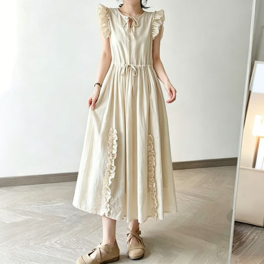 Cap-Sleeve Frill Trim Plain Maxi A-Line Dress