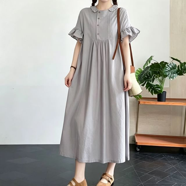 Short-Sleeve Frill Trim Plain Maxi Shift Dress