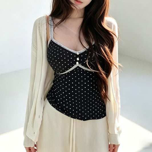 V-Neck Dotted Panel Lace Camisole Top