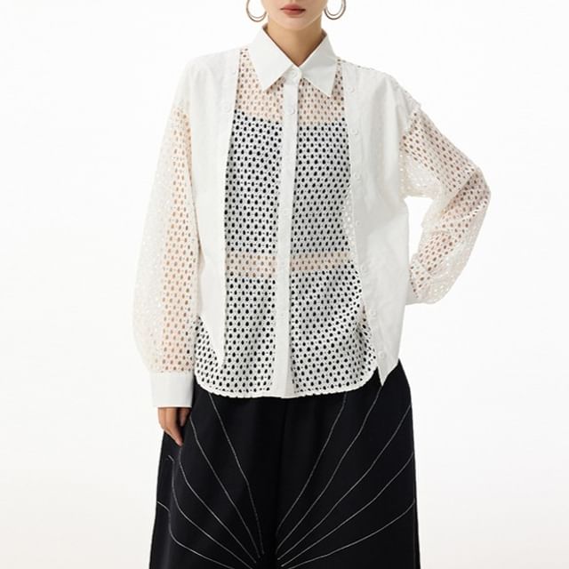Long Sleeve Collared Plain Panel Mesh Shirt