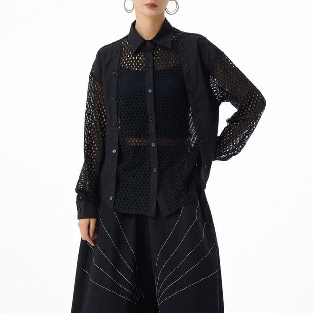 Long Sleeve Collared Plain Panel Mesh Shirt