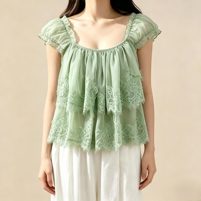 Cap-Sleeve Square Neck Lace Panel Layered Blouse