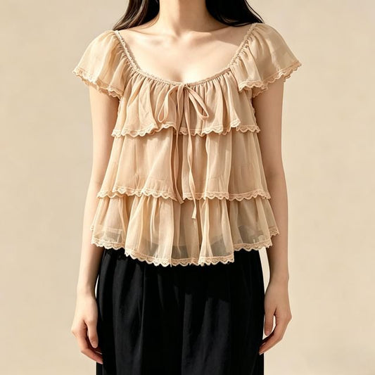 Cap-Sleeve Square Neck Plain Lace Trim Tiered Ruffle Blouse