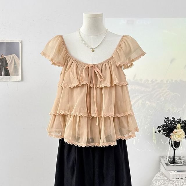 Cap-Sleeve Square Neck Plain Lace Trim Tiered Ruffle Blouse