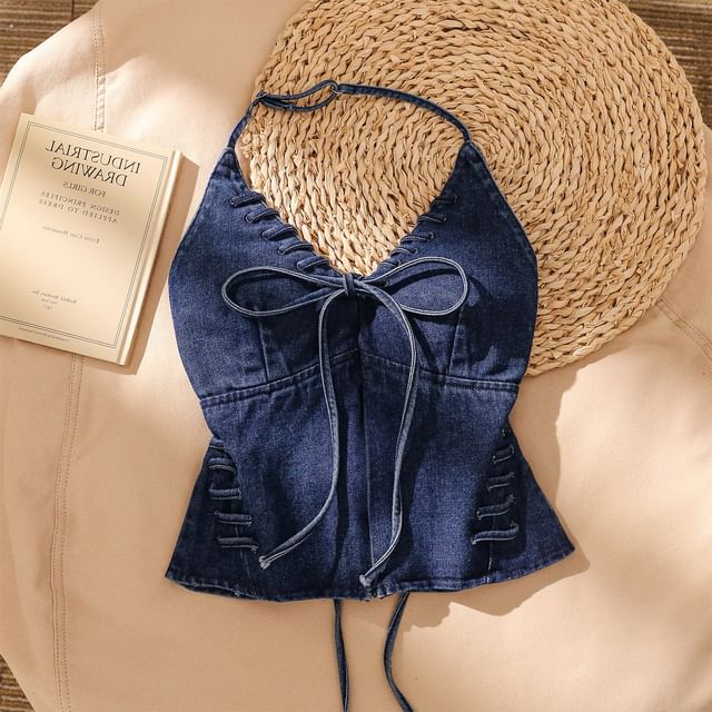 Halter V-Neck Tie Front Open Back Denim Crop Top