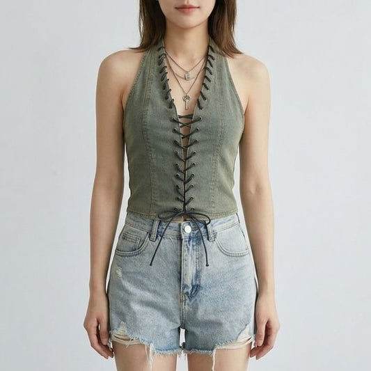 Halter Lace Up Denim Top