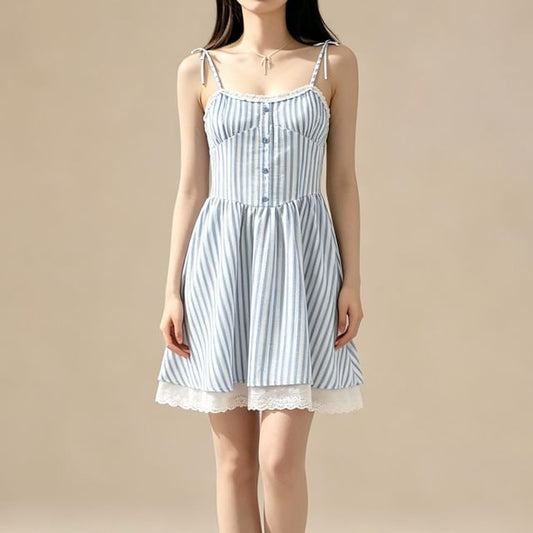 Spaghetti Strap Pinstripe Mini A-Line Dress