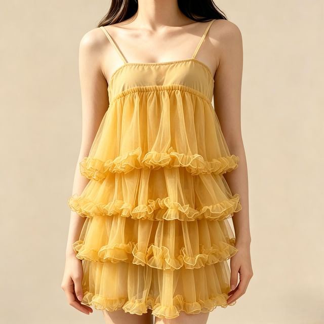 Spaghetti Strap Sheer Mini Tiered Dress