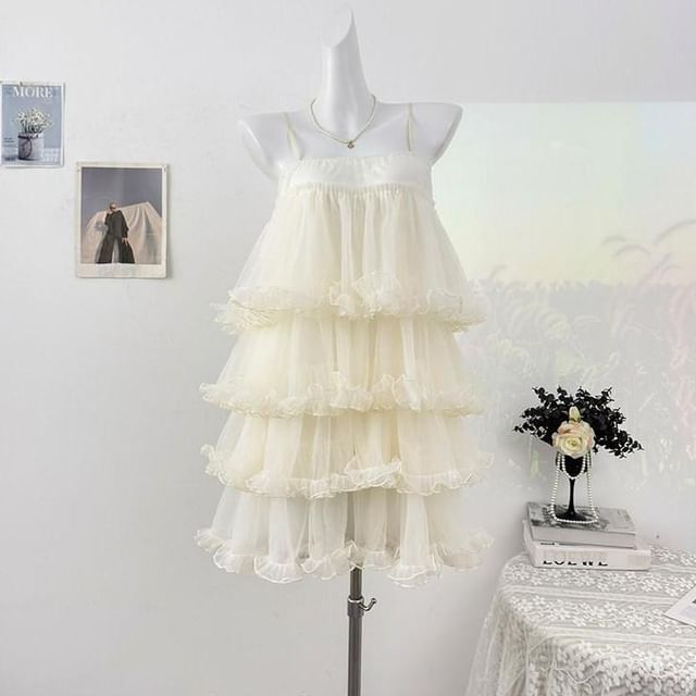 Spaghetti Strap Sheer Mini Tiered Dress