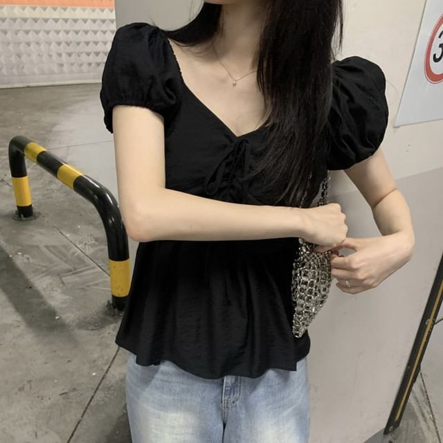 Puff-Sleeve V-Neck Ruched Blouse Plain