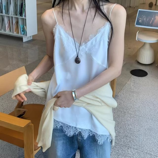 V-Neck Asymmetric Lace Trim Camisole Top