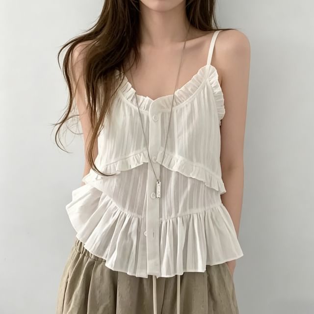 Frill Trim Button-Up V-Neck Camisole Top