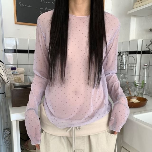 Long-Sleeve Crew Neck Mesh Top with Micro Dot Print