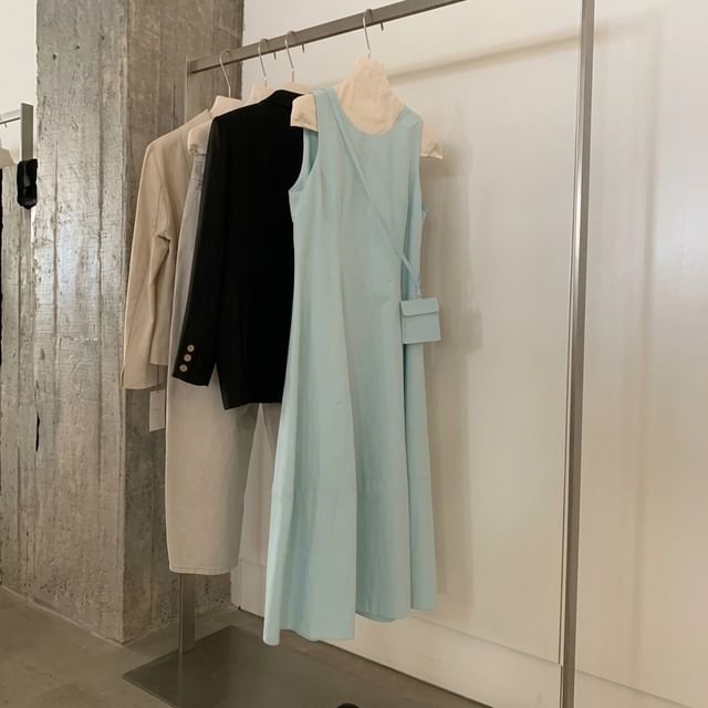Set: Sleeveless Crew Neck Plain Maxi A-Line Dress + Crossbody Bag