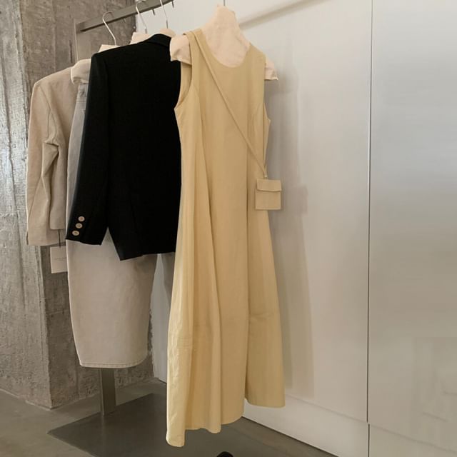 Set: Sleeveless Crew Neck Plain Maxi A-Line Dress + Crossbody Bag