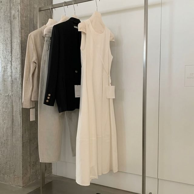 Set: Sleeveless Crew Neck Plain Maxi A-Line Dress + Crossbody Bag