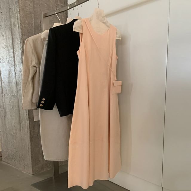 Set: Sleeveless Crew Neck Plain Maxi A-Line Dress + Crossbody Bag