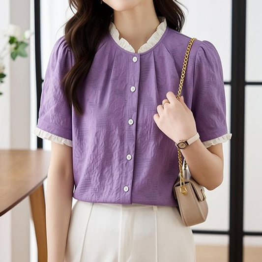 Short-Sleeve Lace Trim Button-Up Textured Blouse