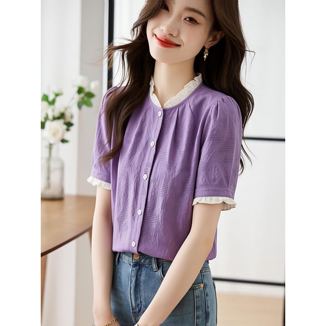 Short-Sleeve Lace Trim Button-Up Textured Blouse