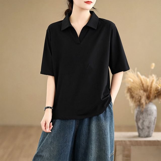 Collared Plain Polo Shirt with Short Sleeves