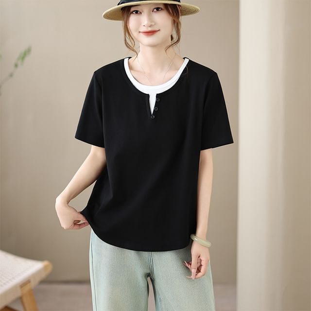 Mock Two-Piece Crew-Neck Short-Sleeve Tee