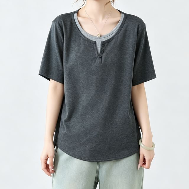 Mock Two-Piece Crew-Neck Short-Sleeve Tee