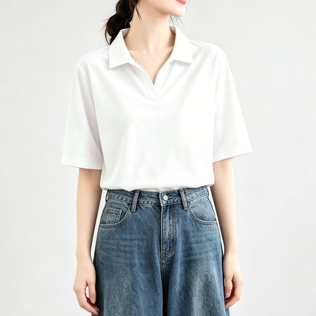 Collared Plain Polo Shirt with Short Sleeves
