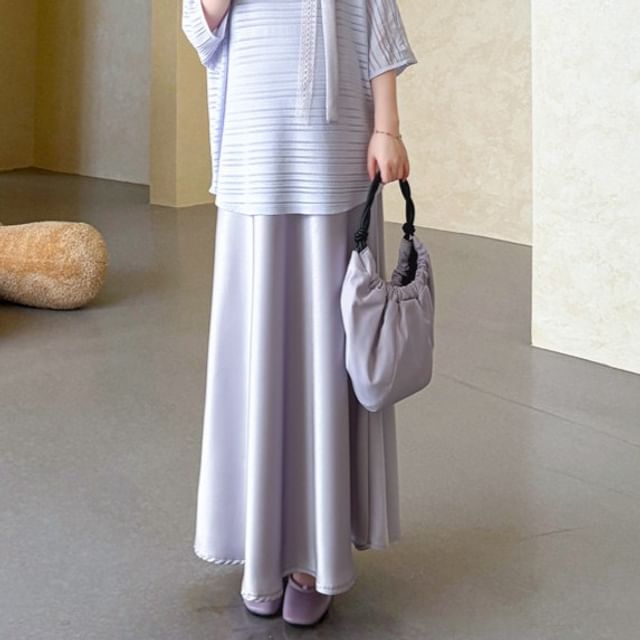 Maternity Elbow-Sleeve Round Neck Striped T-Shirt / Spaghetti Strap Plain Maxi Smock Dress