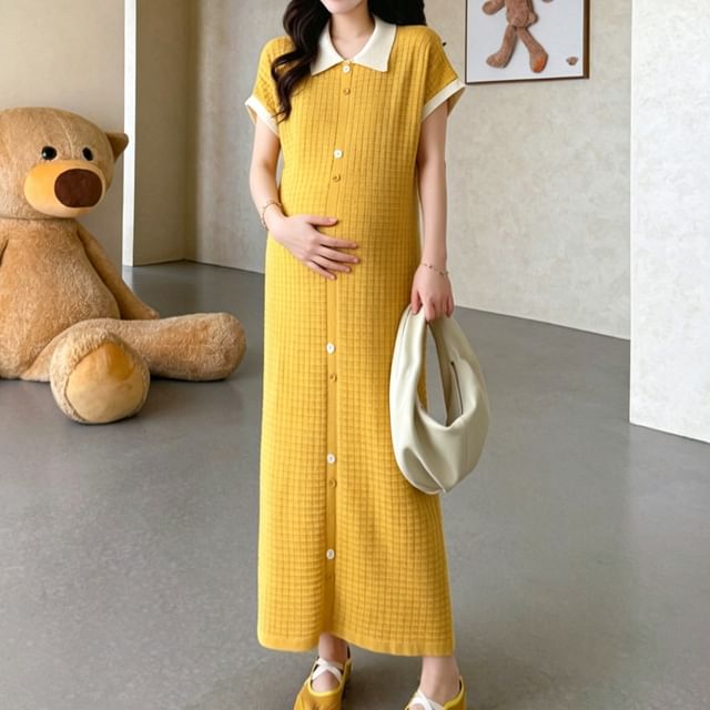 Maternity Short-Sleeve Collar Plain Maxi Sheath Dress