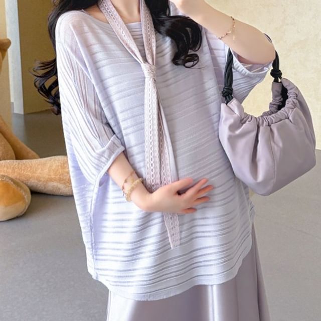 Maternity Elbow-Sleeve Round Neck Striped T-Shirt / Spaghetti Strap Plain Maxi Smock Dress