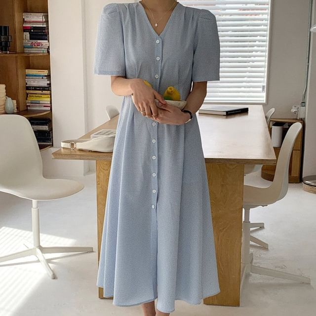 Short-Sleeve V-Neck Gingham Button-Up Maxi Dress
