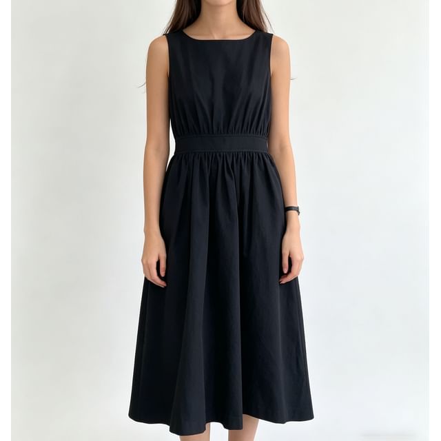 Sleeveless Button Back Plain Maxi A-Line Dress